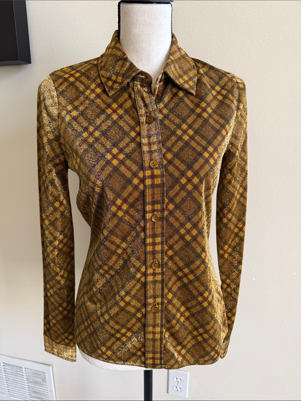 Nine West Plaid Button-Down Shirt - Mustard Yellow & Brown